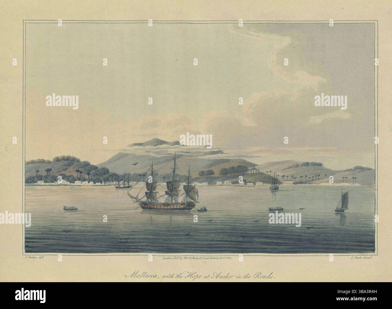Malacca, avec des paysages à proximité, comme vu de l'espoir, à l'ancre sont les routes. Tirages colorés illustrés, par James Wathen, tirés du voyage de HCS The Hope. années 1810 Banque D'Images