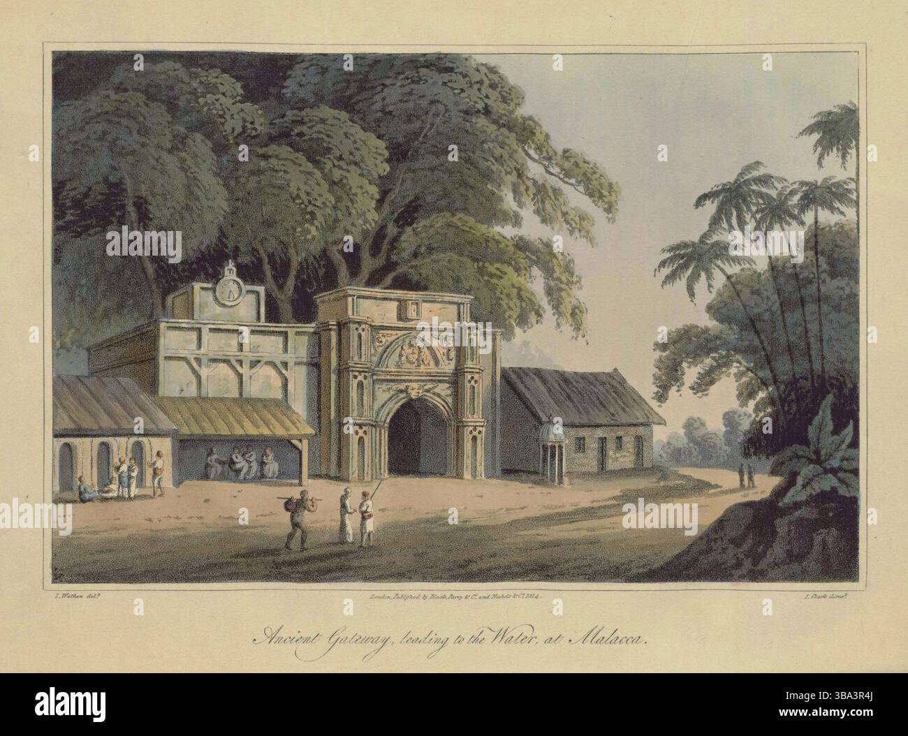 Ancienne porte à Malacca, menant de la ville vers la rivière. Tirages colorés illustrés, par James Wathen, tirés du voyage de HCS The Hope. années 1810 Banque D'Images