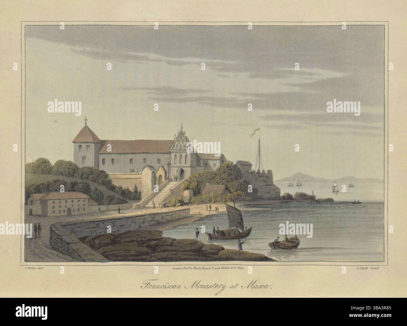 Le monastère franciscain de Macoa, avec Indiamen à l'ancre dans les routes. Tirages colorés illustrés, par James Wathen, tirés du voyage de HCS The Hope. années 1810 Banque D'Images