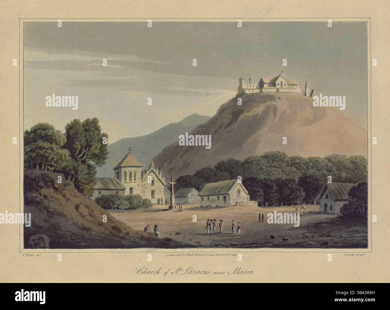 L'église de Lazarus, avec le fort Gaer et la chapelle, menant de. Macoa au jardin de Camoens. Tirages colorés illustrés, par James Wathen, tirés du voyage de HCS The Hope. années 1810 Banque D'Images