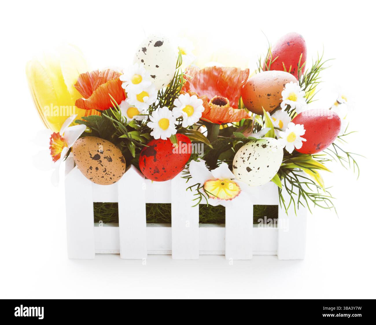 Décorations de Pâques : fleurs et oeufs isolated on white Banque D'Images Décorations de Pâques : fleurs et oeufs isolated on white Banque D'Images