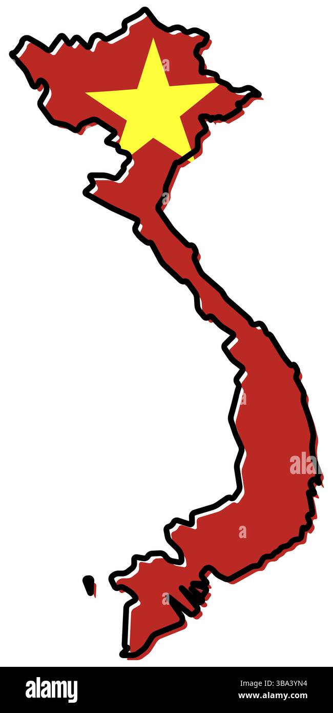 Carte simplifiée du contour du Vietnam, avec un drapeau légèrement courbé en dessous Banque D'Images