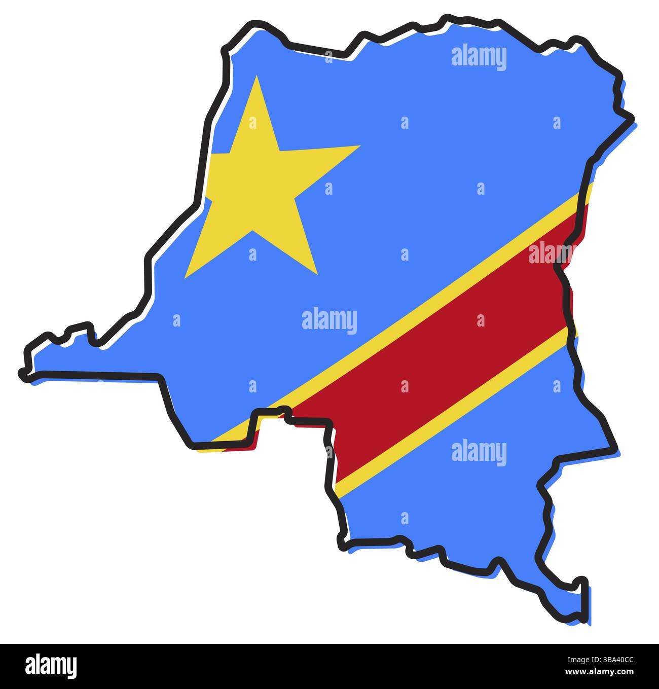 Carte simplifiée du contour de la République démocratique du Congo, avec un drapeau légèrement courbé sous elle Banque D'Images