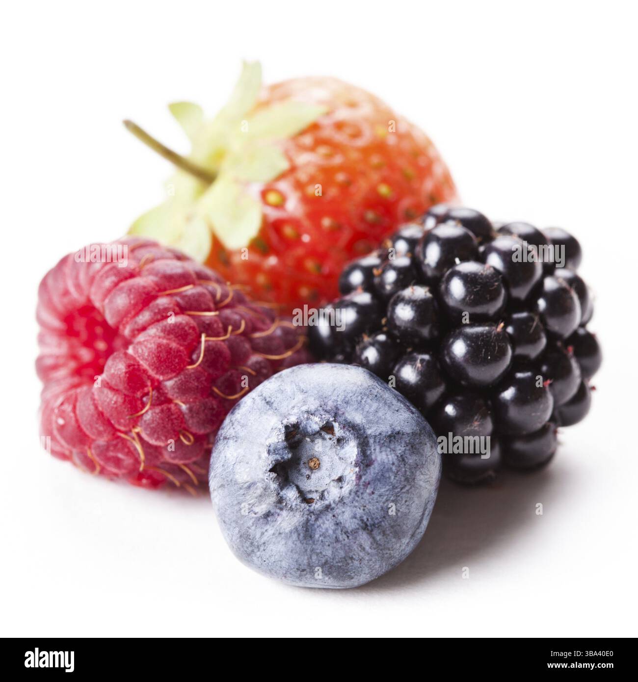 Baies sauvages d'été isolées sur blanc - framboise, fraise, mûre et myrtille Banque D'Images