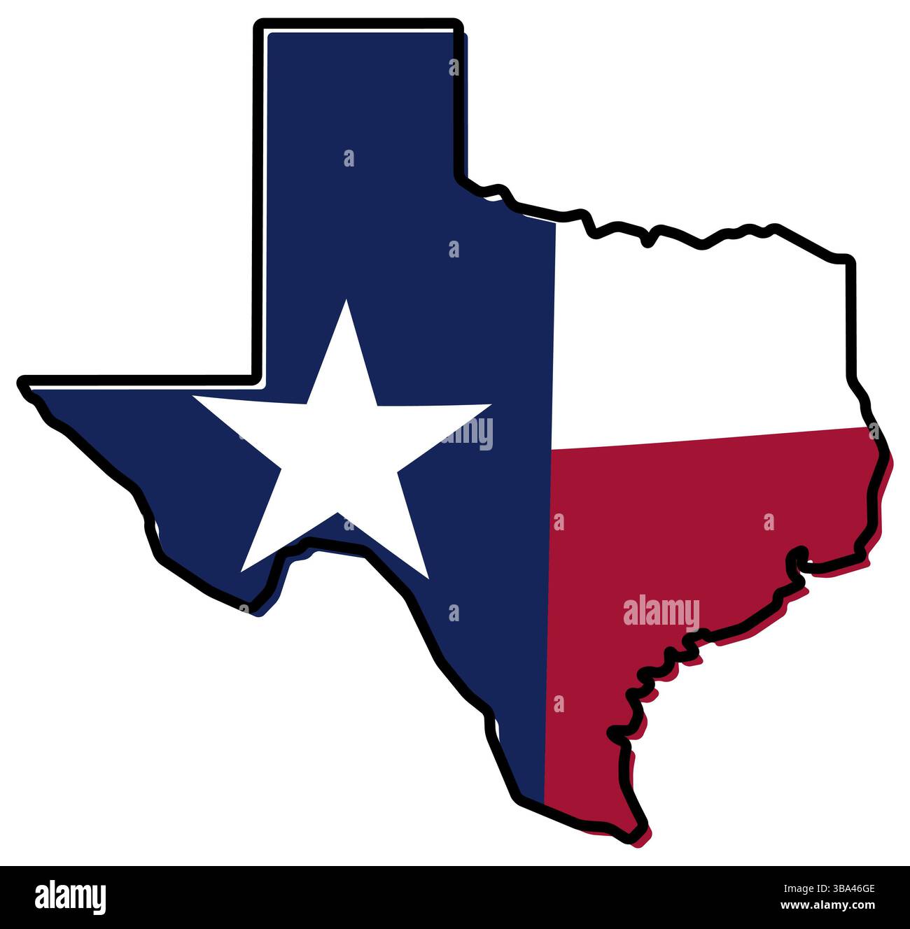 Carte simplifiée du contour du Texas, avec un drapeau légèrement courbé en dessous Banque D'Images