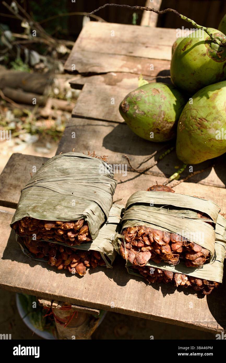 Paquets de tamarin et noix de coco vertes sur un stand en bord de route à Bandarban, Chittagong Hill Tracts, Bangladesh, enveloppés dans un emballage de feuilles séchées. Banque D'Images