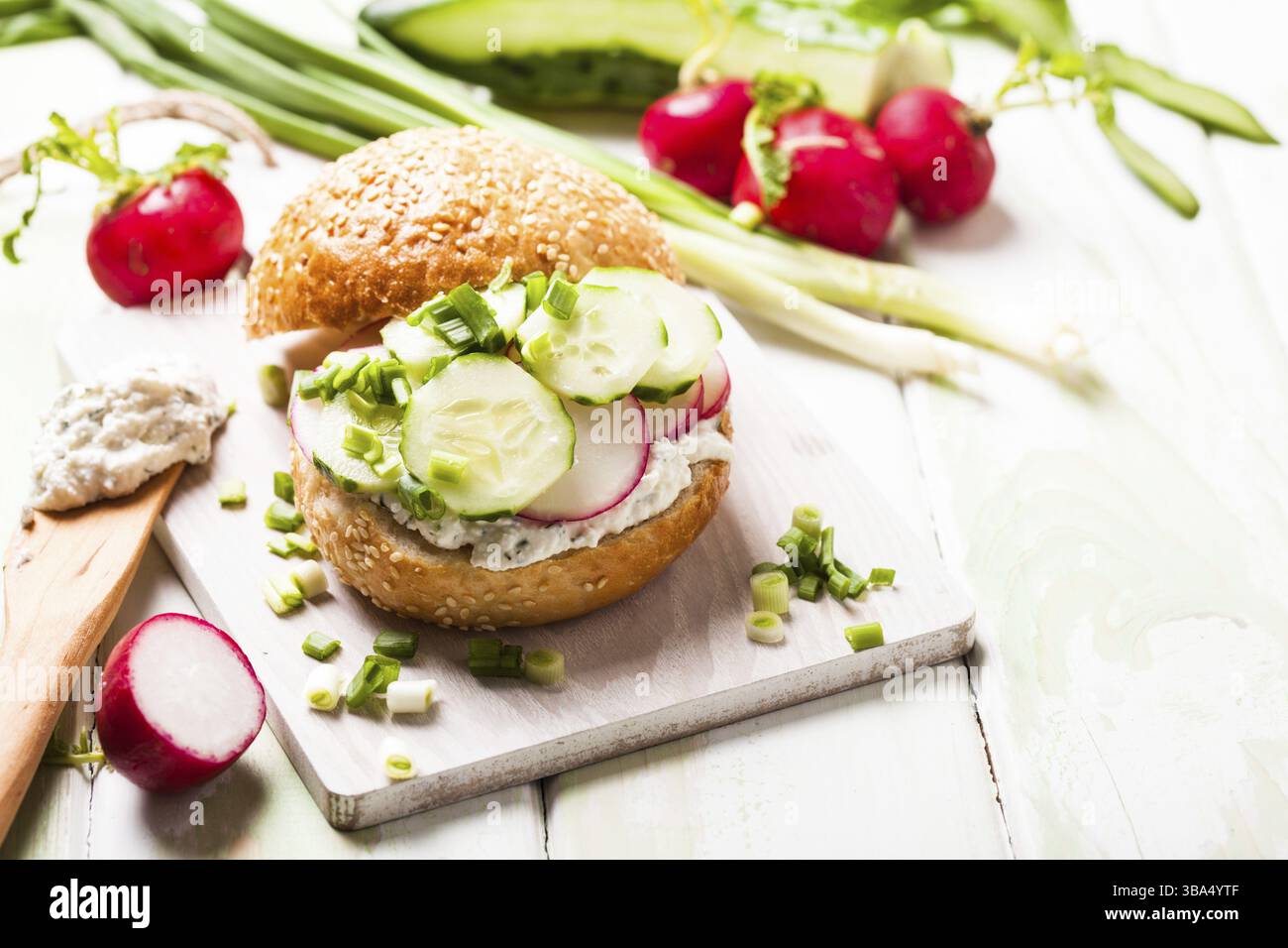 Sandwich au fromage à la crème frais, au radis et au concombre Banque D'Images Sandwich au fromage à la crème frais, au radis et au concombre Banque D'Images
