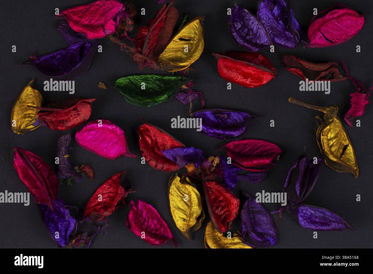 Pétales secs multicolores sur fond noir Banque D'Images