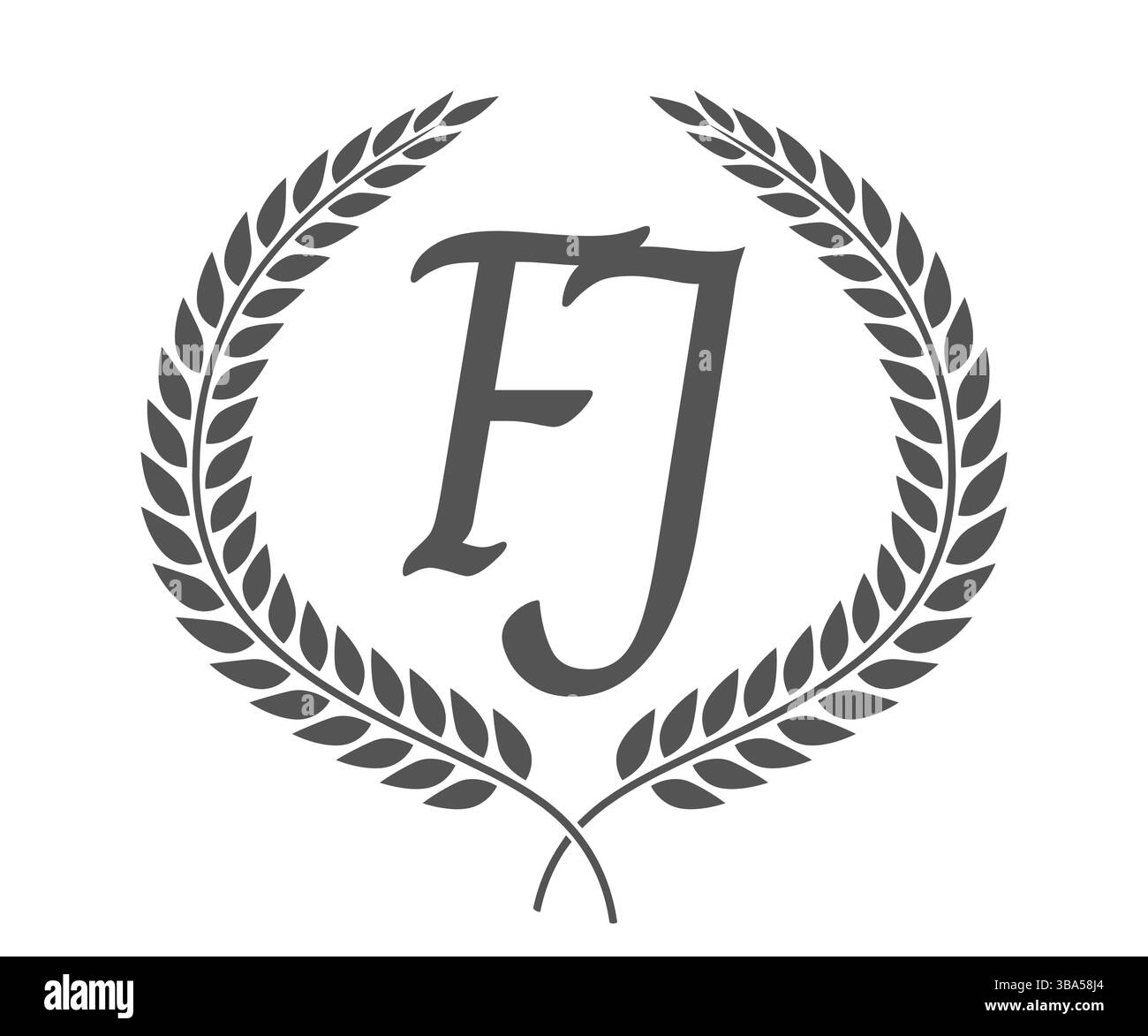 Lettre initiale F et J, logo monogramme FJ avec couronne de laurier. Emblème de luxe avec police calligraphie. Illustration de Vecteur
