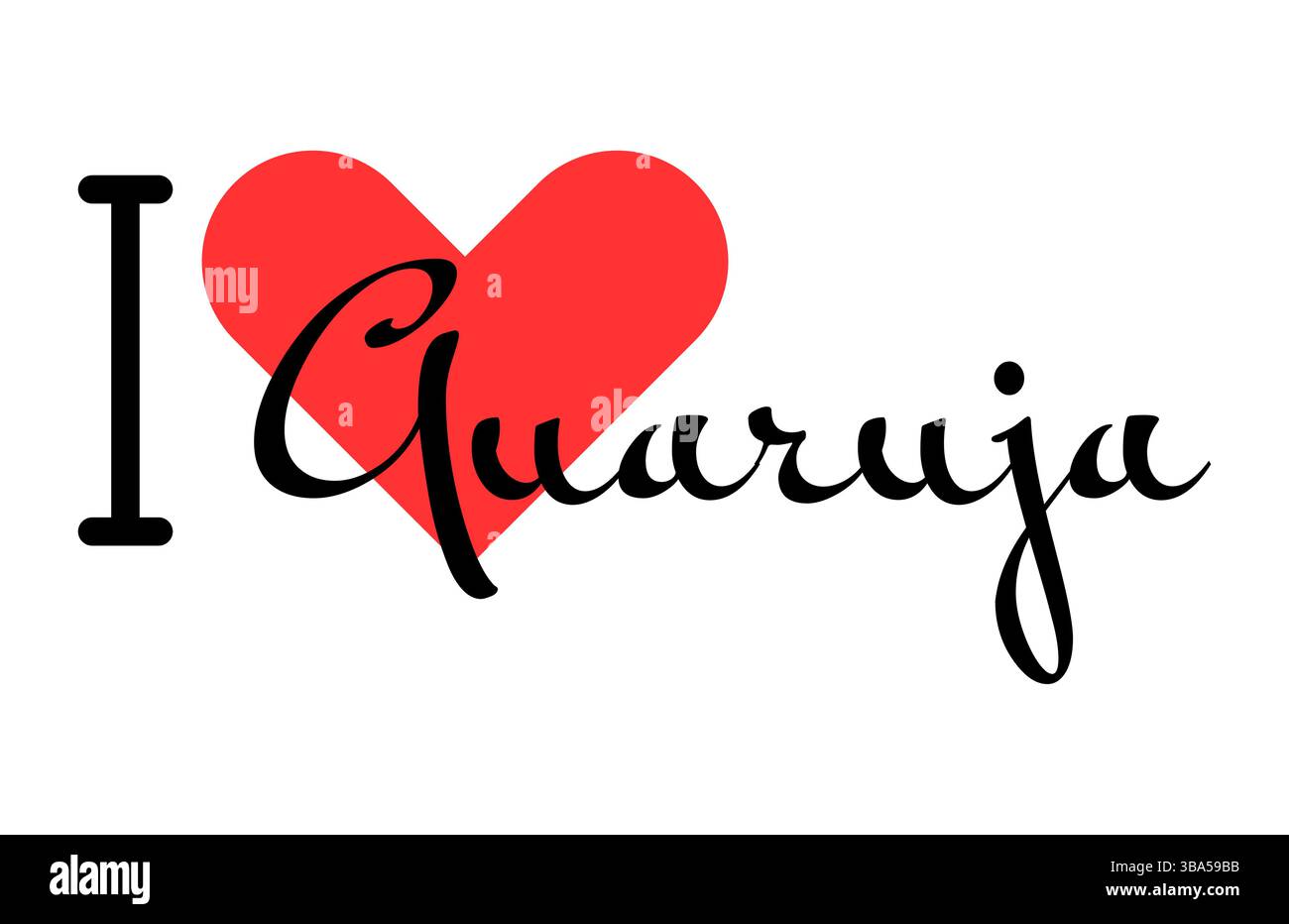 J'adore Guaruja, ville du Brésil. Lettres dessinées à la main avec cœur rouge. Lettrage d'illustration vectorielle, design moderne pour t-shirt d'impression, bannière, affiche, sti Illustration de Vecteur