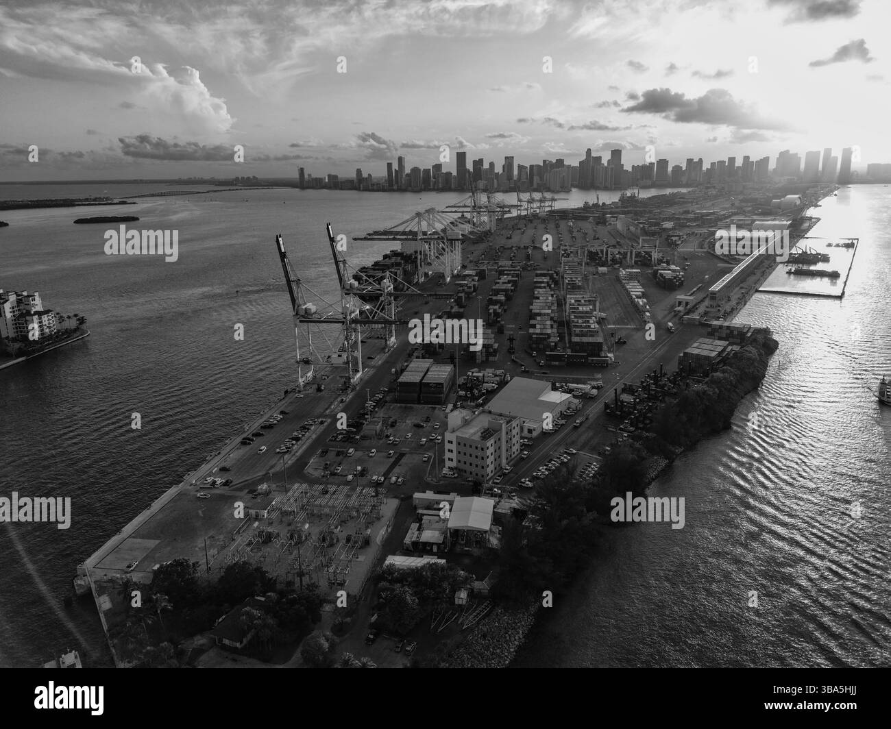 Miami, Floride, États-Unis - 06 juin 2024 : terminal à conteneurs avec marchandises entreposées et équipement portuaire. Port cargo de Miami Beach avec paysage urbain. Couchette de chargement rentrée Banque D'Images