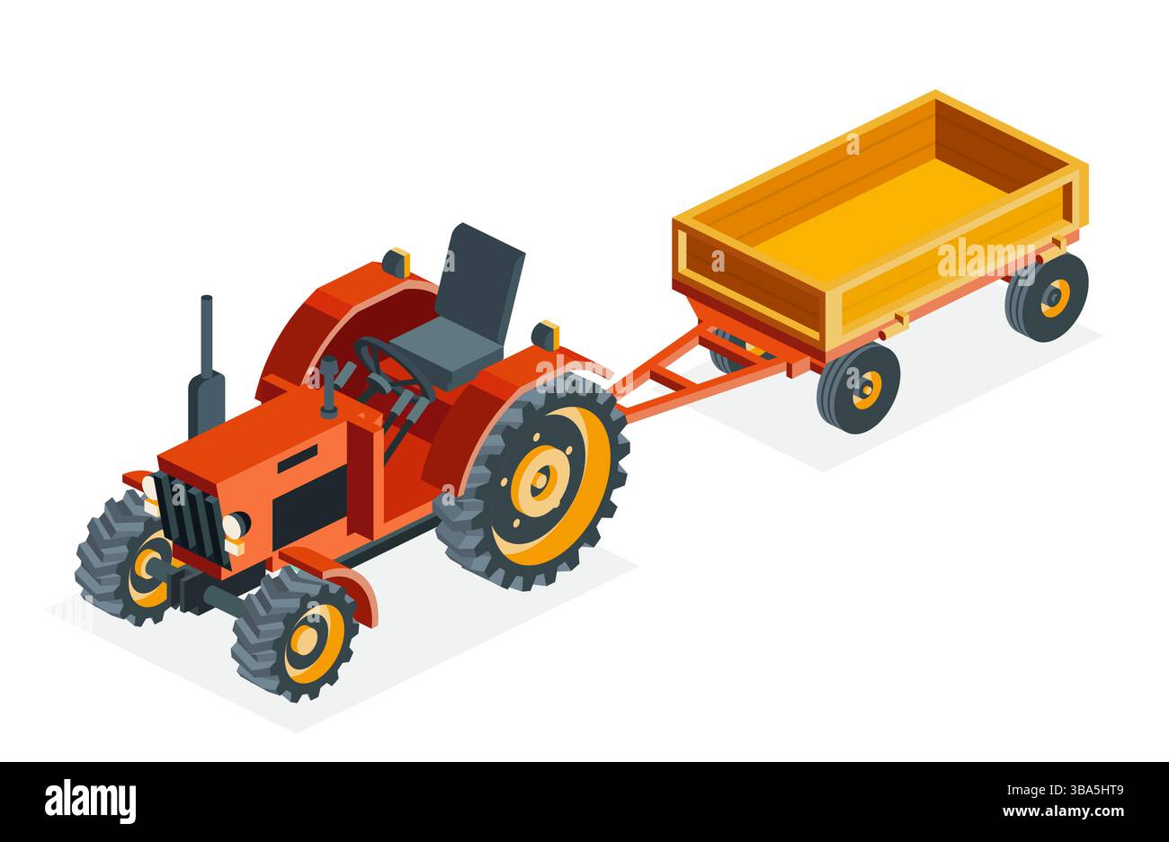 Vieux tracteur rouge isométrique sans toit avec remorque isolée sur fond blanc. Illustration vectorielle. Objet vintage. Grand lourd agricole moderne Illustration de Vecteur