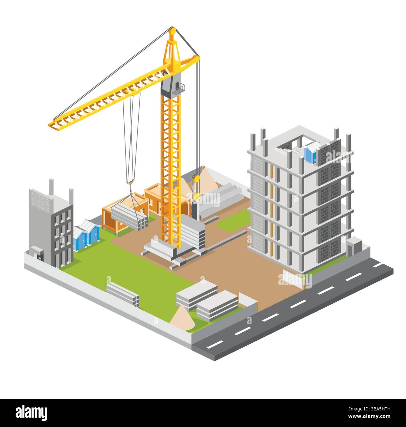 Chantier de construction avec grue et gratte-ciel. Procédé de construction d'un bâtiment à plusieurs étages. Technologie industrielle. Illustration vectorielle. Illustration de Vecteur