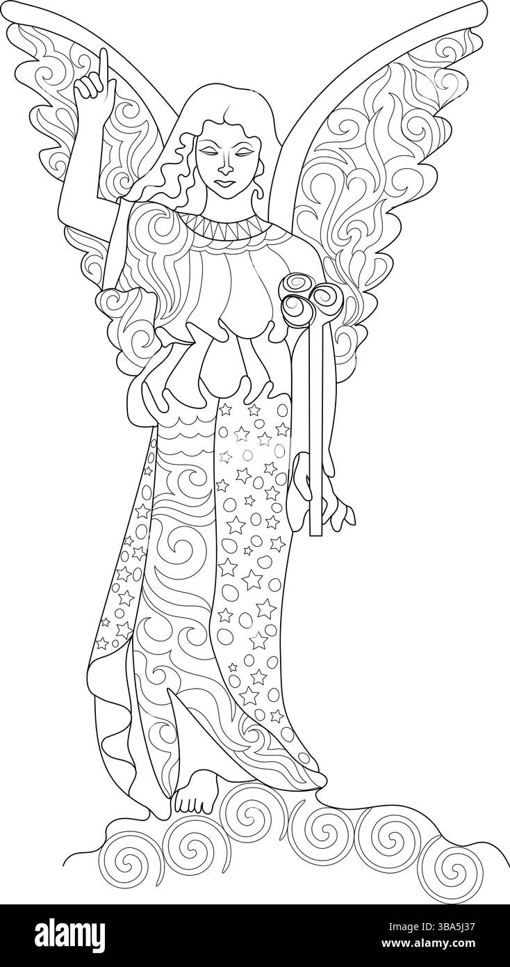 Illustration détaillée d'art de ligne noir et blanc d'un ange majestueux. La figure céleste se tient gracieusement avec de grandes ailes richement décorées et un Illustration de Vecteur