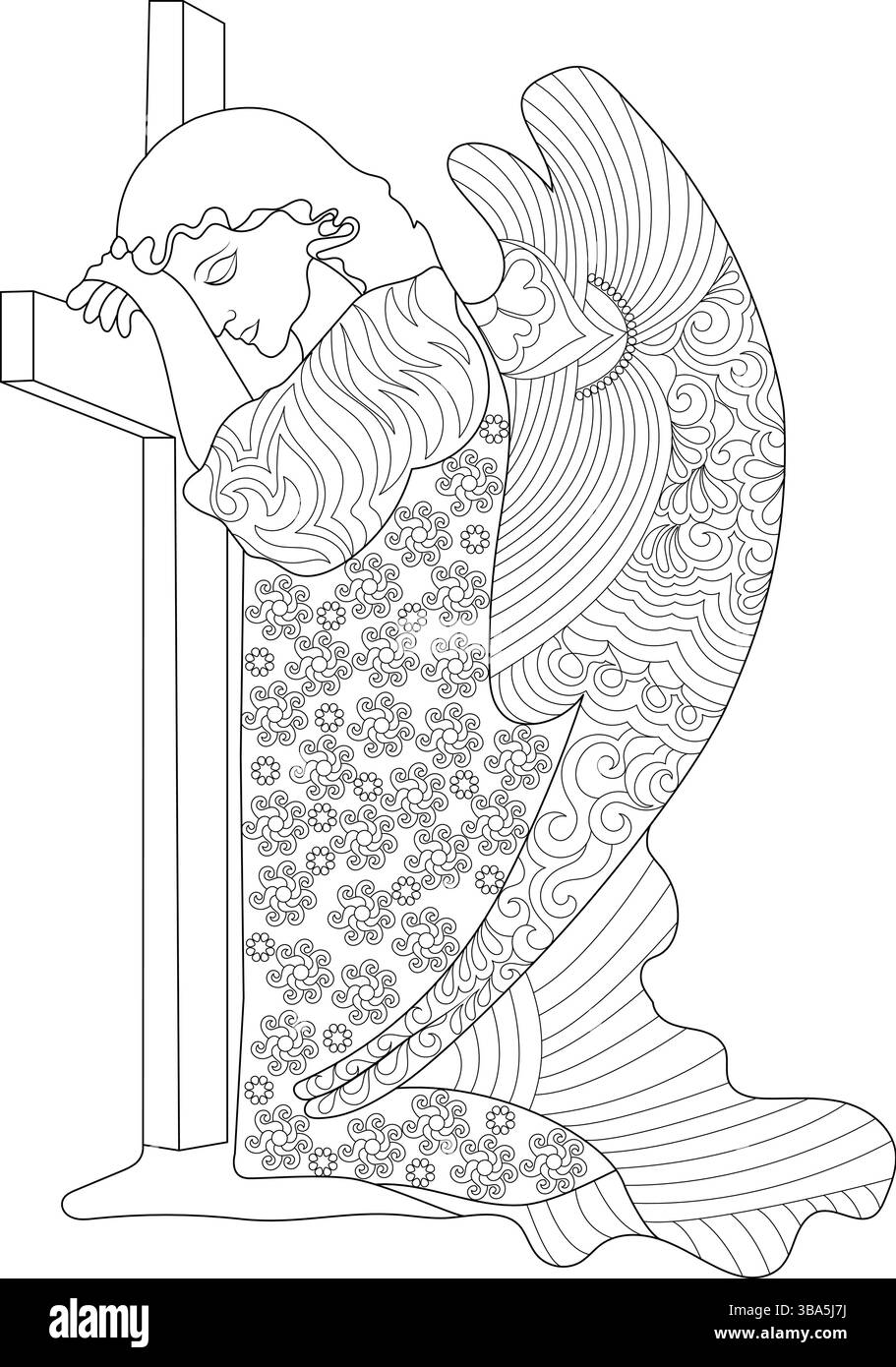 Illustration d'art au trait noir et blanc d'un ange agenouillé dans la prière et appuyé sur une croix, avec des motifs complexes sur sa robe et ses ailes. Suita Illustration de Vecteur