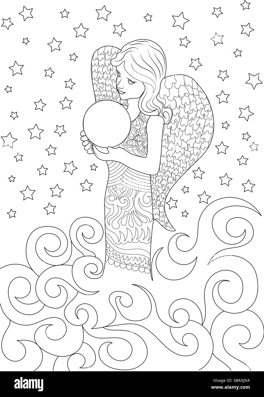 Illustration d'art au trait noir et blanc d'un ange tenant une sphère, entouré d'étoiles et de nuages stylisés. Design adapté pour une page de livre de coloriage, Illustration de Vecteur