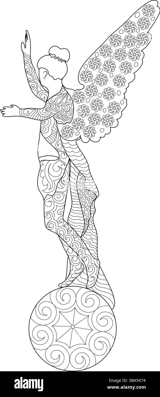 Illustration d'art au trait noir et blanc d'un ange décoratif avec des motifs complexes inspirés de Zentangle, debout gracieusement sur une sphère ornée Illustration de Vecteur