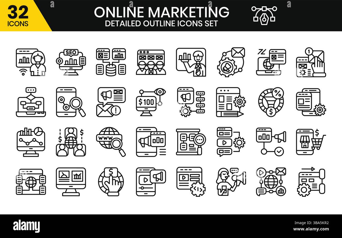 Jeu d'icônes de plan de marketing en ligne. La collection comprend les affaires et le développement, la programmation, la conception Web, la conception d'applications, et plus encore. Illustration de Vecteur