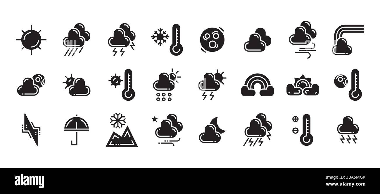 Icône de glyphe météo définie avec des symboles de nuages, de soleil, de lune et de température Illustration de Vecteur Icône de glyphe météo définie avec des symboles de nuages, de soleil, de lune et de température Illustration de Vecteur
