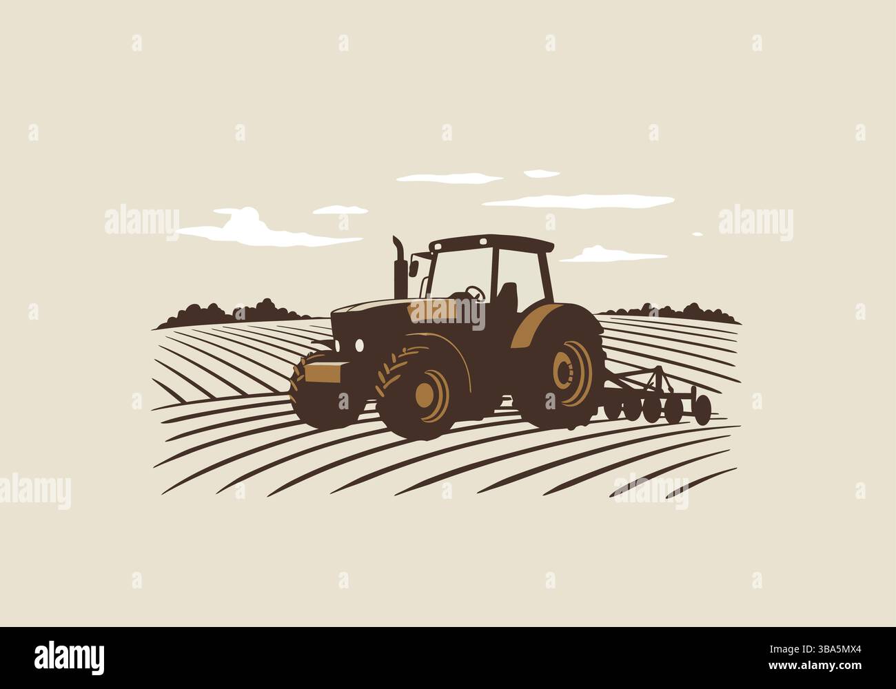 Champ de labourage du tracteur au coucher du soleil Illustration de Vecteur
