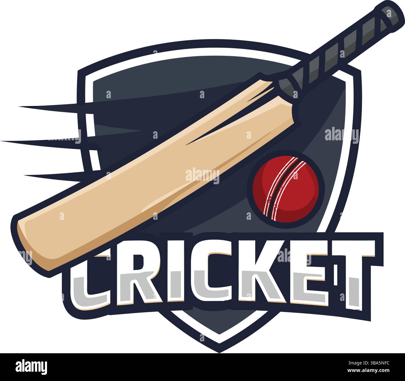 Logo de cricket avec batte, balle et emblème de bouclier Illustration de Vecteur