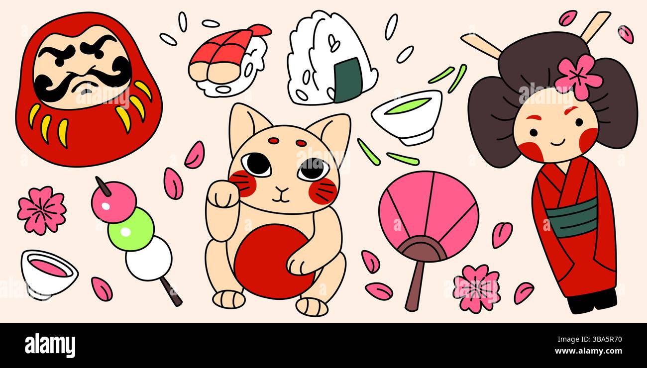 Ensemble mignon autocollants d'art folklorique japonais - Lucky maneki neko chat et poupée daruma, fleurs de sakura et jouet de femme, sushi et onigiri, éventail traditionnel et dessert dango. Dessins animés motifs asiatiques ludiques. Illustration de Vecteur