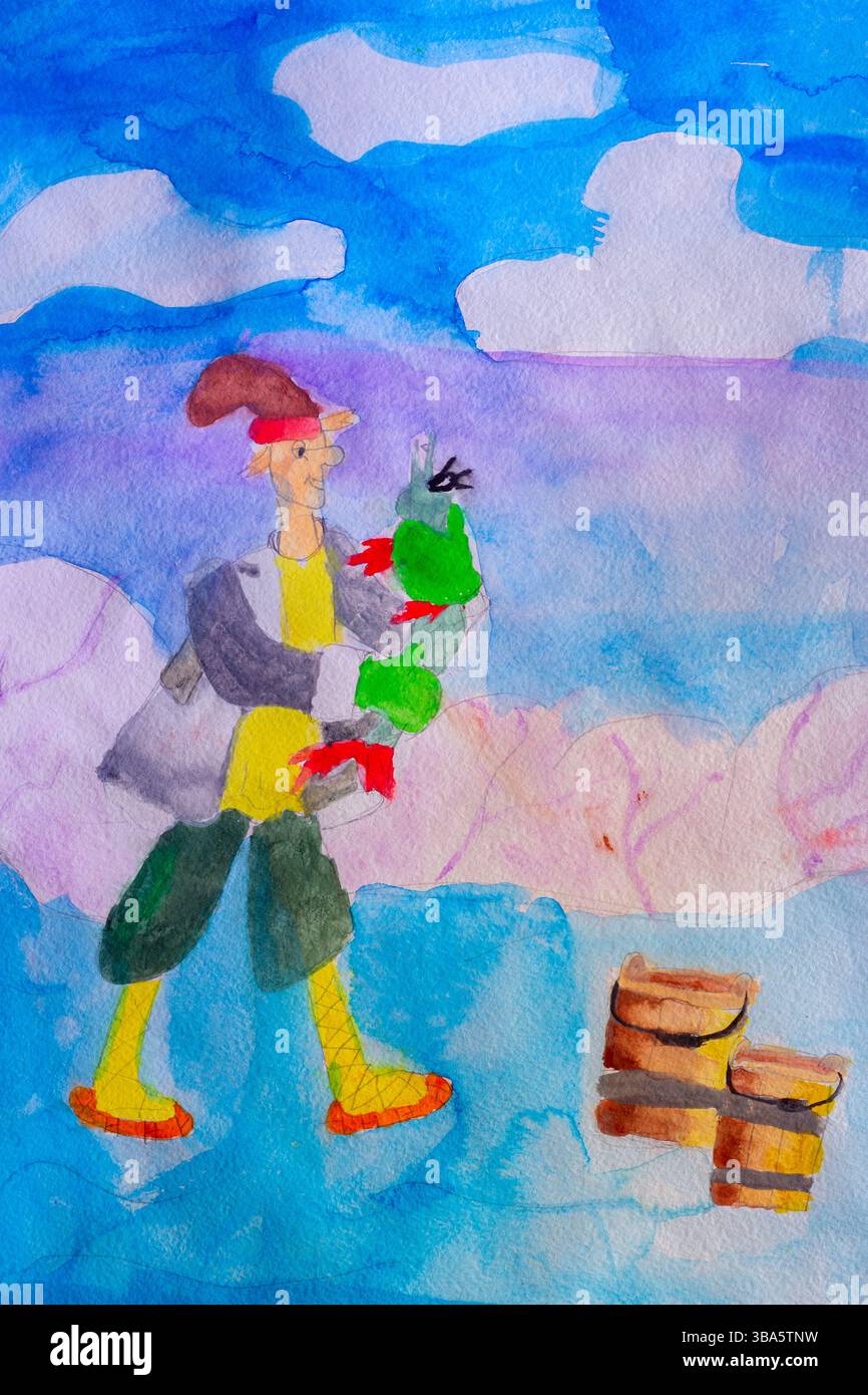 Personnage d'Emelia et poisson de brochet fait par l'enfant en utilisant la peinture à l'aquarelle dans un style naïf Banque D'Images