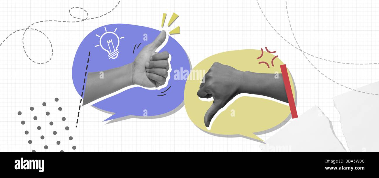 Gros plan du bras montrant le pouce vers le haut et le pouce vers le bas qui symbolise un accord, un désaccord à l'intérieur de la bulle de discours qui symbolise un droit de vote. Banque D'Images