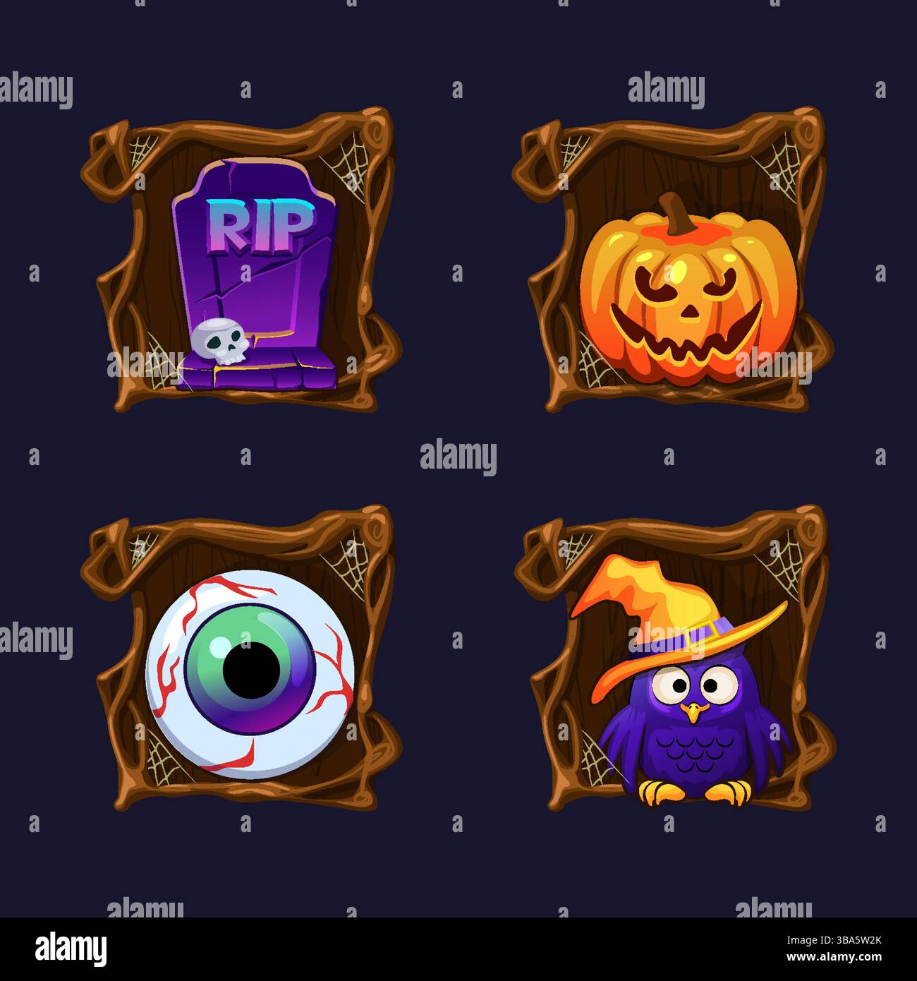 Quatre icônes ou symboles d'Halloween dans la conception d'arbre de cadre Spooky pour les éléments de décoration conçoivent des cartes de voeux, invitation, impression, éléments de jeu ou fente Illustration de Vecteur
