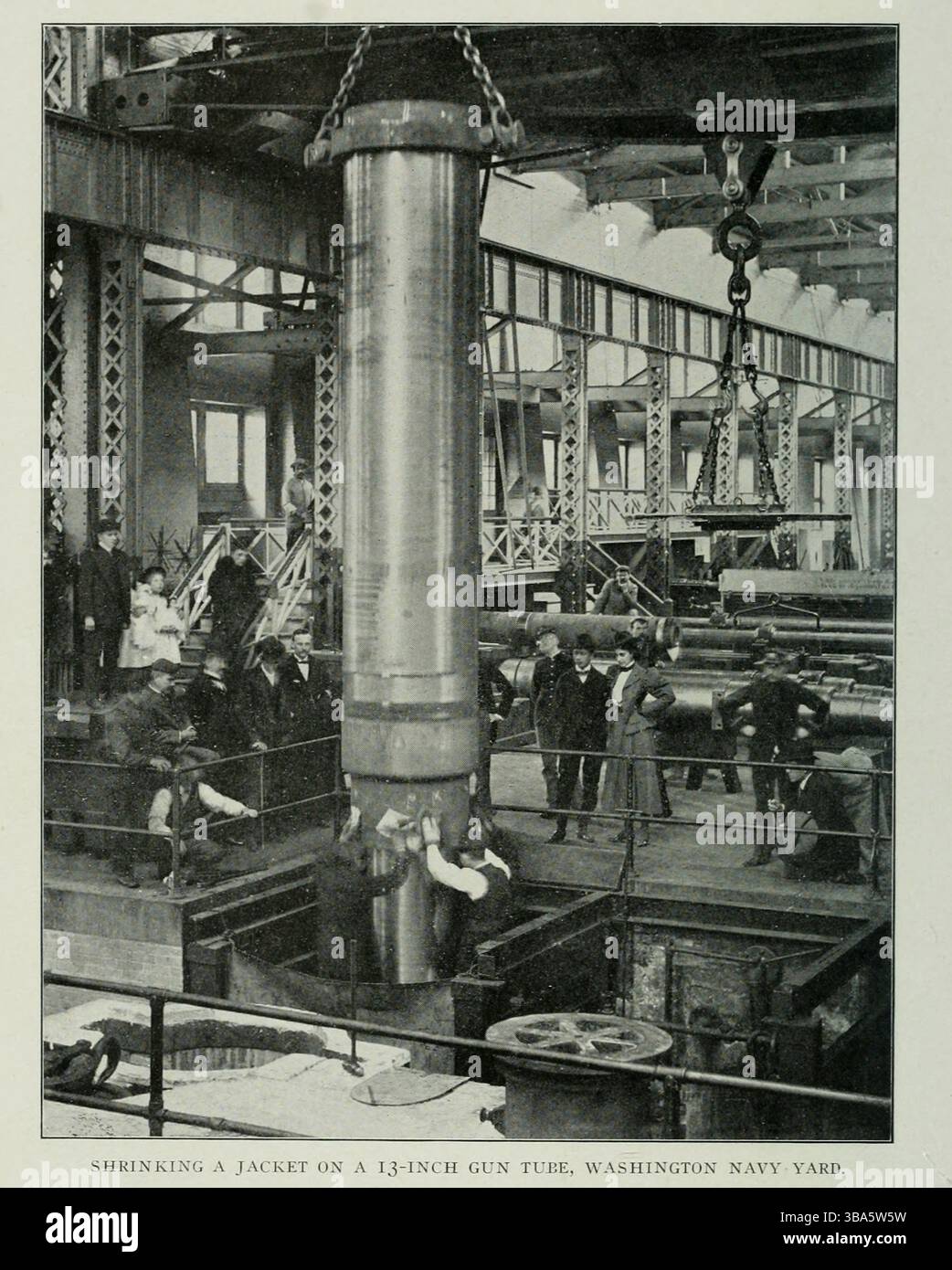 RÉTRÉCIR UNE VESTE SUR UN TUBE DE CANON DE 13 POUCES. WASHINGTON NAVY YARD. De l'article INGÉNIERIE D'ORDNANCE COMME Une INDUSTRIE MÉCANIQUE. Par J. F. Meigs. Tiré de l'Engineering Magazine consacré au progrès industriel volume XXIV octobre 1902 - mars 1903 The Engineering Magazine Co Banque D'Images