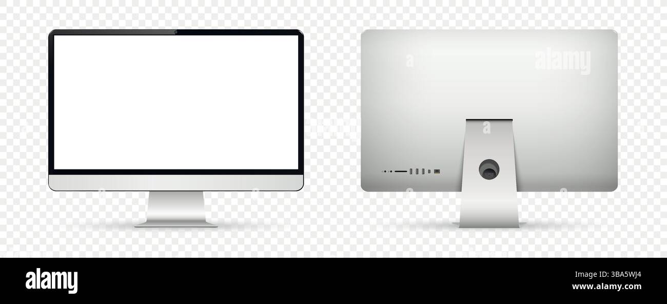 Maquette d'écran d'ordinateur réaliste. Vue avant et arrière du moniteur d'ordinateur sur fond transparent. Illustration vectorielle. Illustration de Vecteur