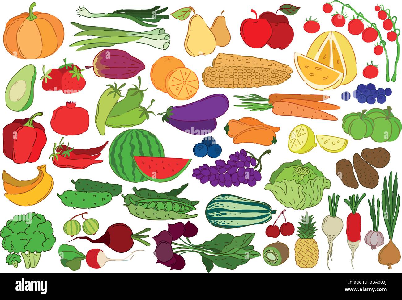 Une variété colorée et diversifiée de légumes et de fruits frais disponibles sur les marchés Illustration de Vecteur