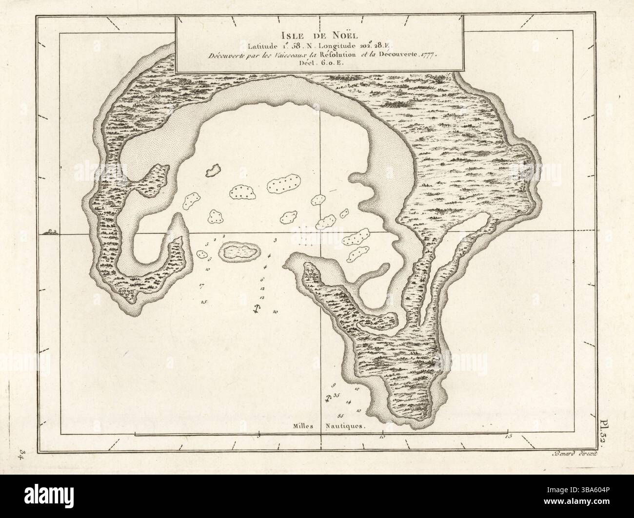 Carte de Kiritimati ou île Christmas, atoll dans la république de Kiribati. Isle de Noel. Gravure sur cuivre réalisée par Robert Benard d'après une illustration de John Webber tirée de la traduction française du troisième voyage du capitaine James Cook, Troisieme voyage de Capitaine Cook, Hôtel de Thou, Paris, 1785. Banque D'Images