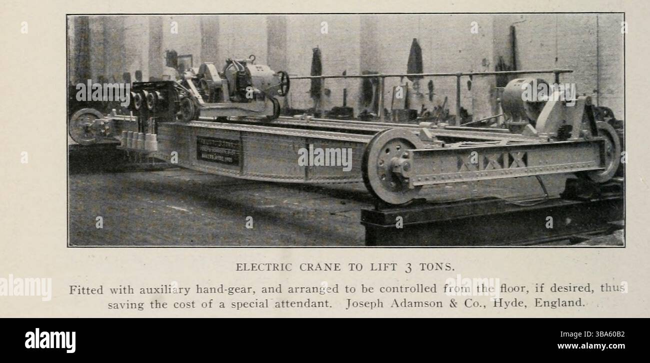 GRUE ÉLECTRIQUE POUR SOULEVER 3 TONNES. Equipé d'un engrenage à main auxiliaire, et agencé pour être commandé depuis le sol, si désiré, économisant ainsi le coût d'un accompagnateur spécial. Joseph Adamson & Co, Hyde, Angleterre. De l'article GESTION DE FONDERIE DANS LE NOUVEAU SIÈCLE. Par Robert Buchanan. PARTIE II. SERVICE DE GRUE POUR LE PLANCHER DE FONDERIE. Tiré de l'Engineering Magazine consacré au progrès industriel volume XXIV octobre 1902 - mars 1903 The Engineering Magazine Co Banque D'Images