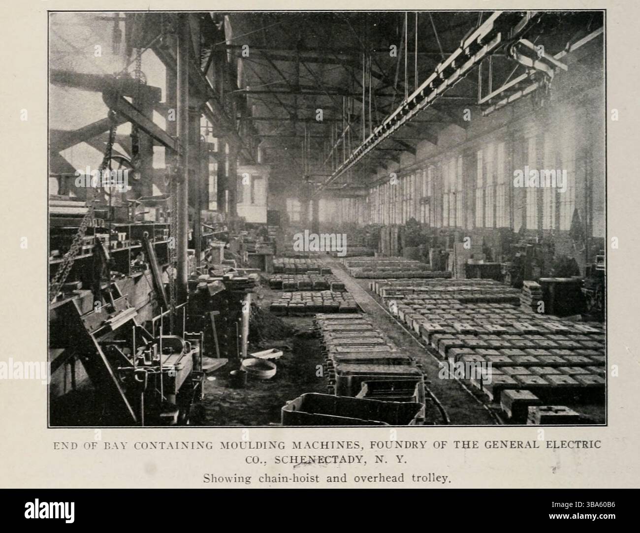 Extrémité de la baie contenant des machines de moulage fonderie de la General Electric Company Schenectady, NY montrant un palan à chaîne et un chariot suspendu. De l'article GESTION DE FONDERIE DANS LE NOUVEAU SIÈCLE. Par Robert Buchanan. PARTIE II. SERVICE DE GRUE POUR LE PLANCHER DE FONDERIE. Tiré de l'Engineering Magazine consacré au progrès industriel volume XXIV octobre 1902 - mars 1903 The Engineering Magazine Co Banque D'Images