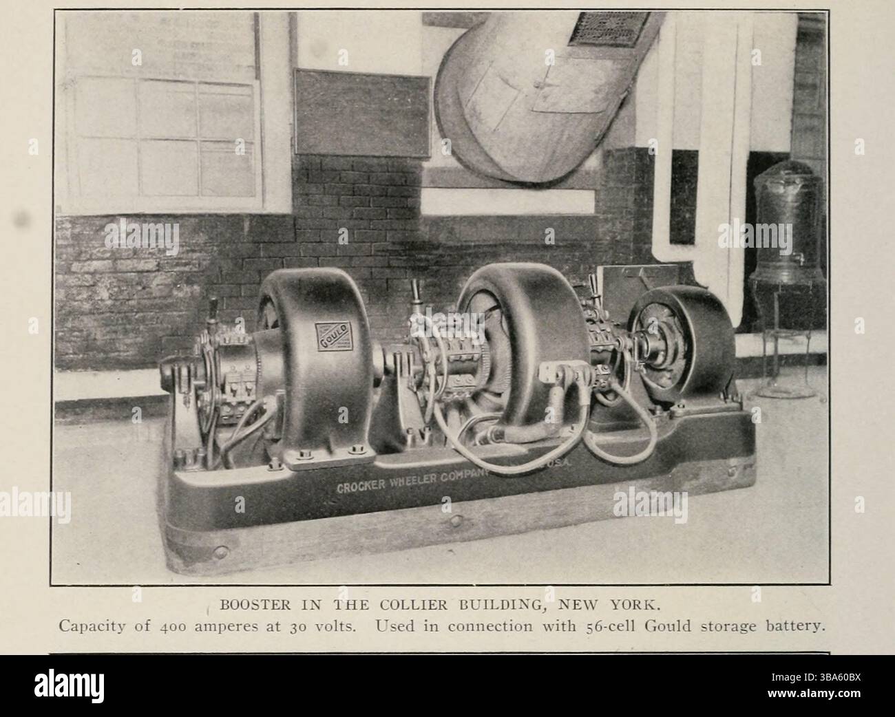 BOOSTER DANS LE BÂTIMENT COLLIER, NEW YORK. Capacité de 400 ampères à 30 volts. Utilisé en connexion avec la batterie de stockage Gould à 56 cellules. DE L'ARTICLE ÉCONOMIE DANS LA CONCEPTION ET L'EXPLOITATION DES CENTRALES ÉLECTRIQUES. Par Percival Robert Moses. Tiré de l'Engineering Magazine consacré au progrès industriel volume XXIV octobre 1902 - mars 1903 The Engineering Magazine Co Banque D'Images