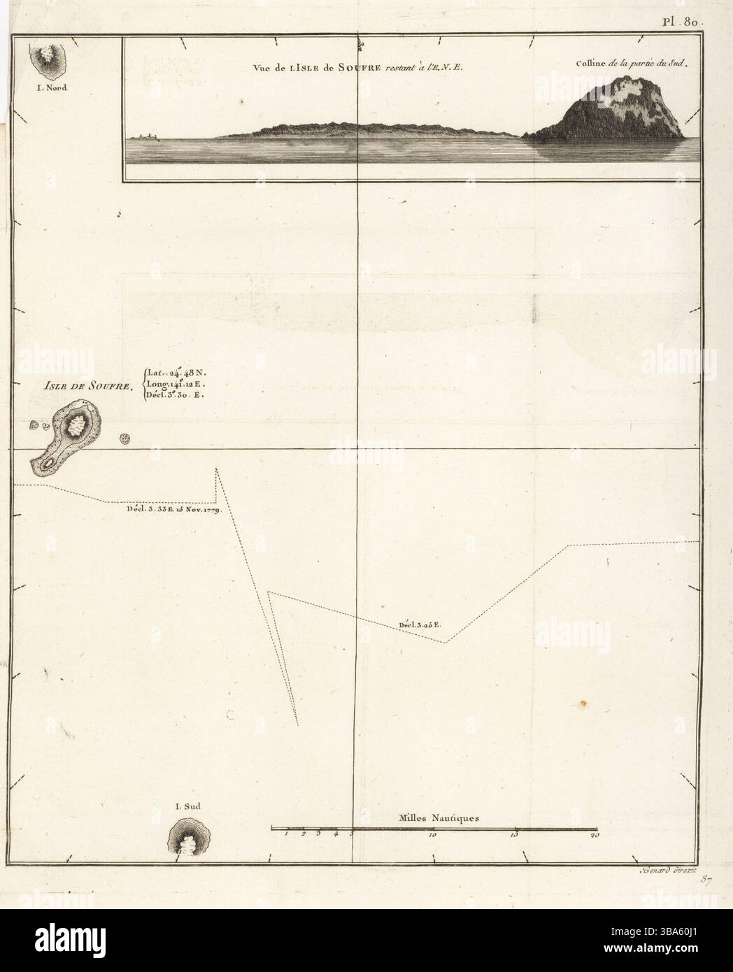 Carte et vue de l'île d'Iwo Jima, Japon. Vue de l'isle de Soufre. Gravure sur cuivre réalisée par Robert Benard d'après une illustration de John Webber tirée de la traduction française du troisième voyage du capitaine James Cook, Troisieme voyage de Capitaine Cook, Hôtel de Thou, Paris, 1785. Banque D'Images