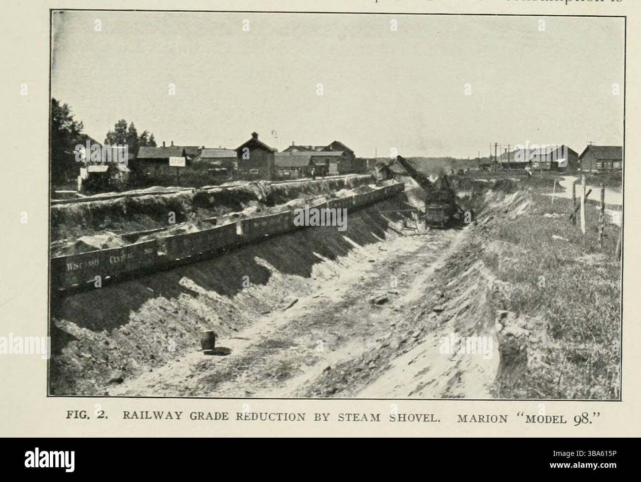 RÉDUCTION DE LA PENTE D'UN CHEMIN DE FER PAR PELLE À VAPEUR. MARION MODÈLE 98 de l'article MACHINES MODERNES POUR L'EXCAVATION ET LE DRAGAGE. Par A. W. Robinson. Tiré de l'Engineering Magazine consacré au progrès industriel volume XXIV octobre 1902 - mars 1903 The Engineering Magazine Co Banque D'Images
