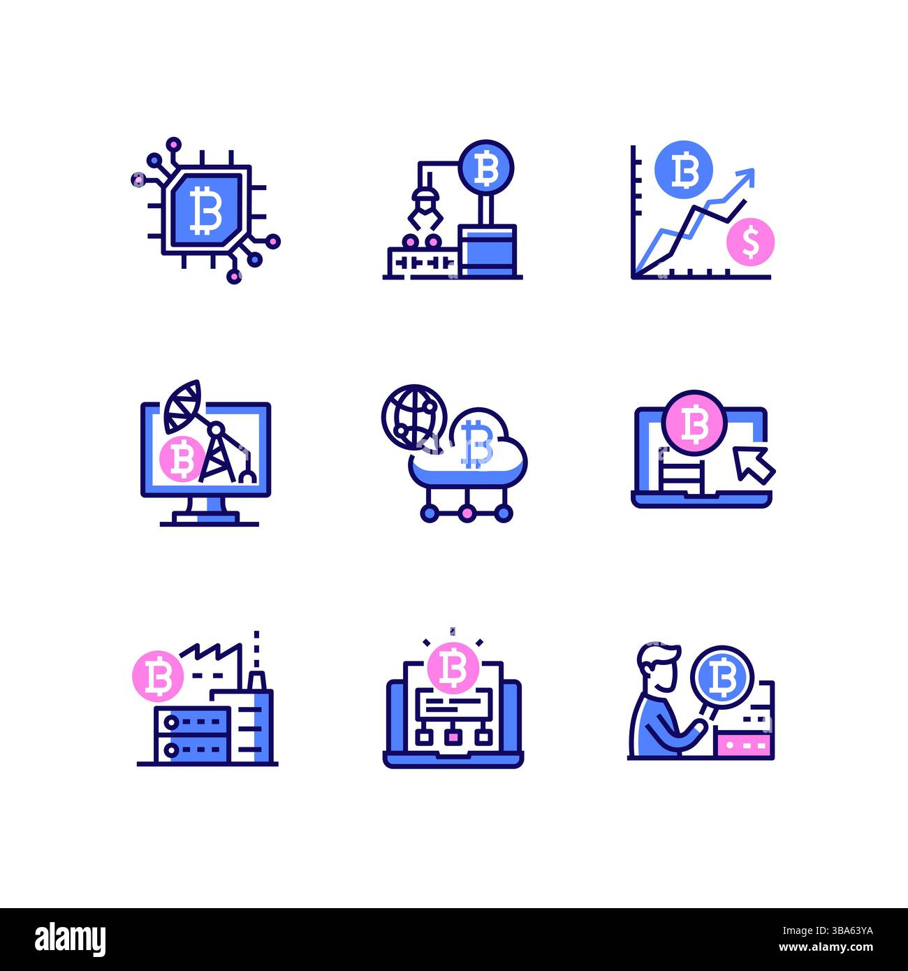 Minage et crypto-monnaie - ensemble d'icônes de style art au trait moderne Illustration de Vecteur