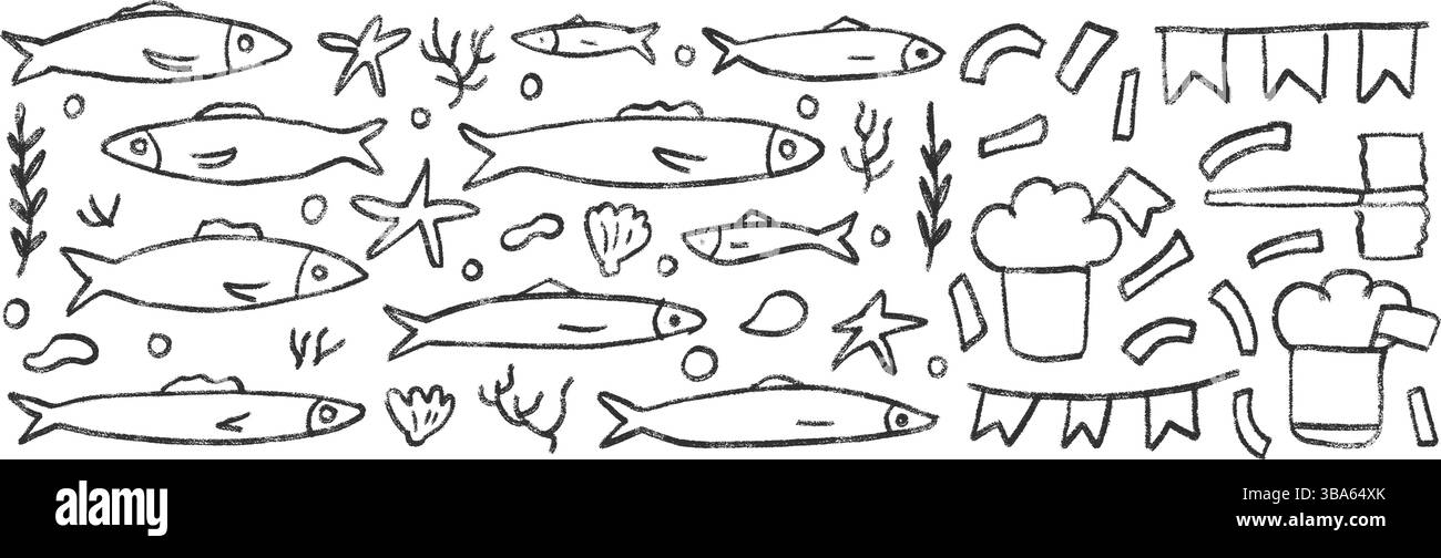 Jeu de griffonnages de ligne de poissons. Sardines dessinées à la main griffonnage École de poissons dans la mer. Illustration nautique monochrome vectorielle par crayon isolé sur BA blanc Illustration de Vecteur