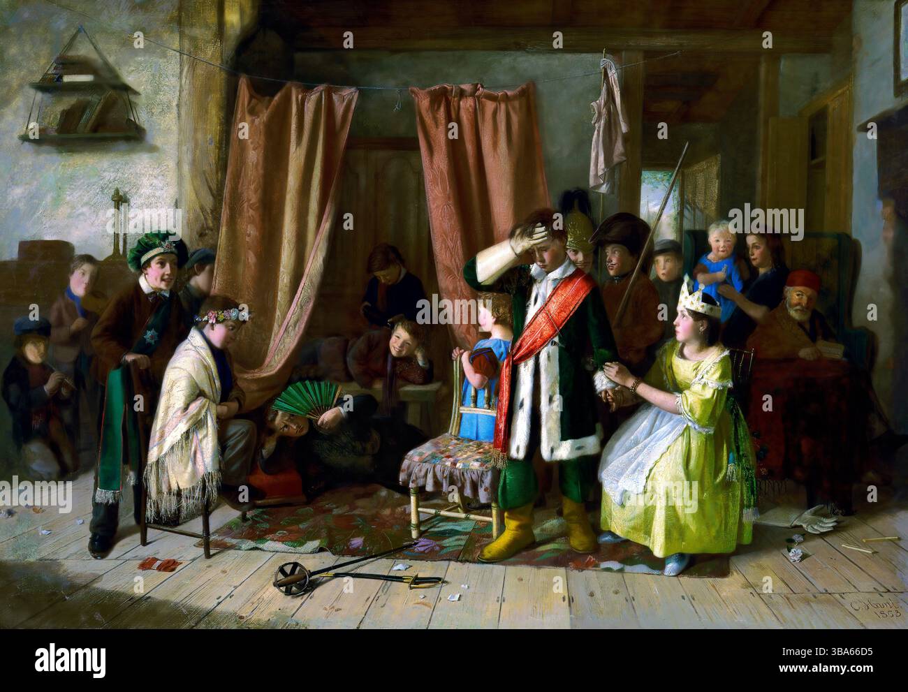 Enfants rejouant la scène de jeu de Hamlet dans une charmante peinture de genre du XIXe siècle. Sujet shakespearien, domaine public haute résolution Banque D'Images