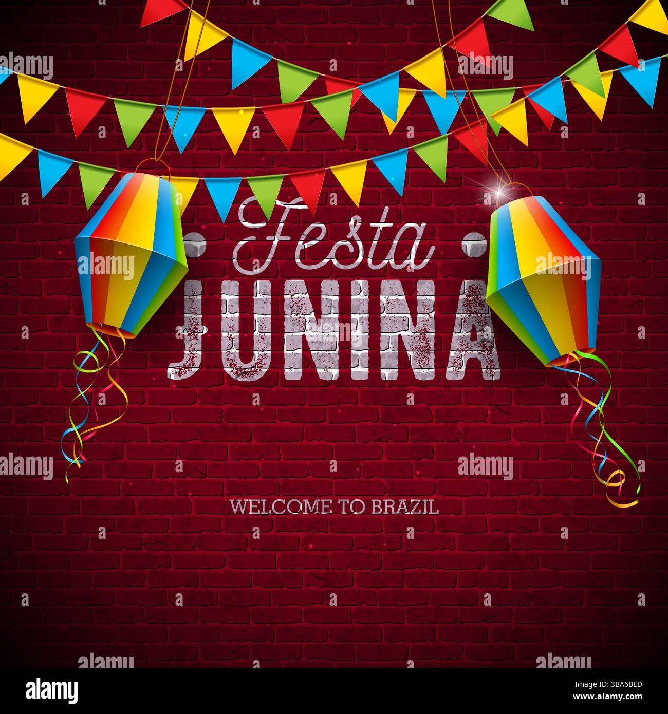 Illustration Festa Junina avec drapeaux de fête et lanterne en papier et lettrage de typographie sur fond de mur de briques vintage. Vecteur Brésil juin Sao Joao Illustration de Vecteur
