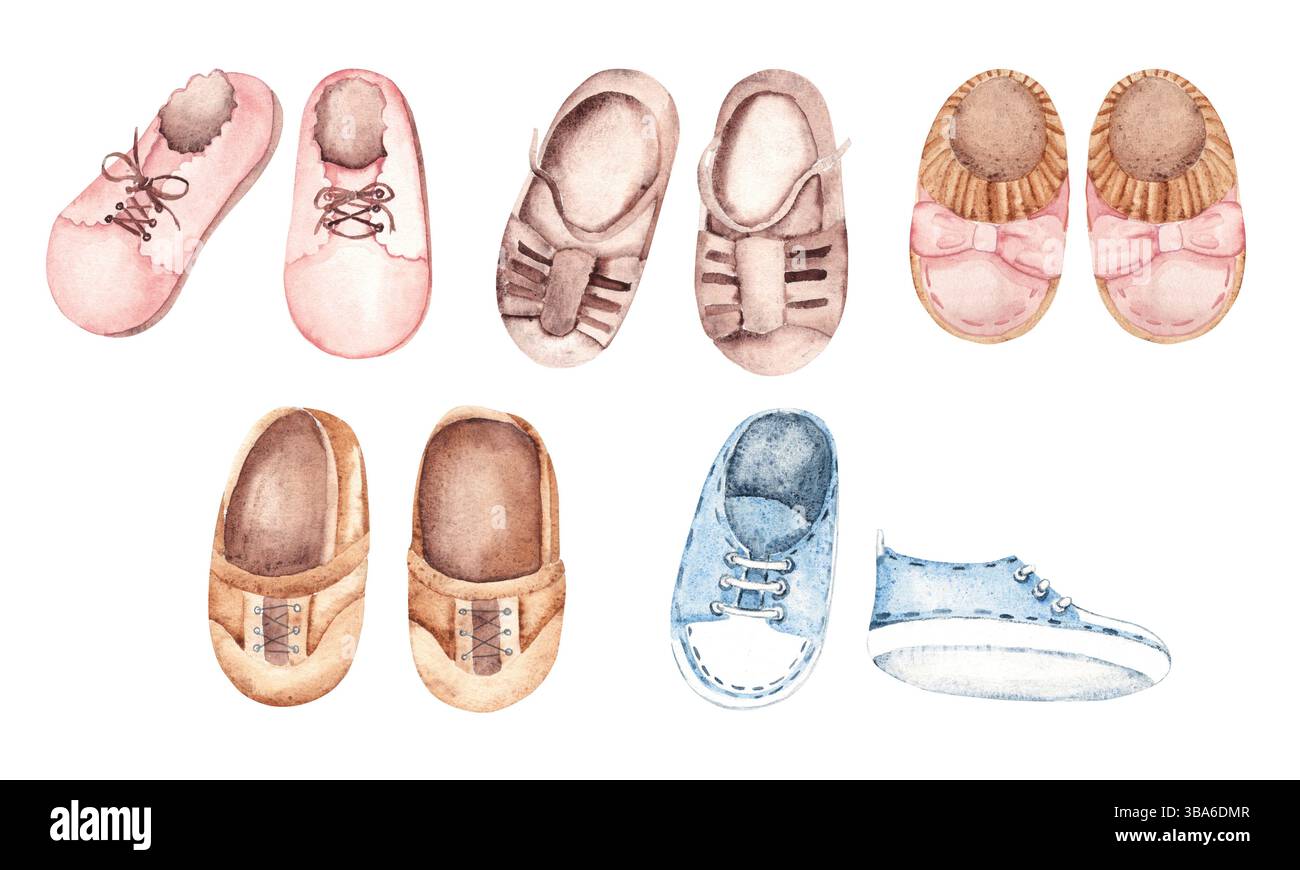 Ensemble de chaussures bébé pour garçon et fille. Illustration aquarelle dessinée à la main de chaussons, sandales d'été, mocassins et baskets pour enfants isolés sur un blanc Banque D'Images