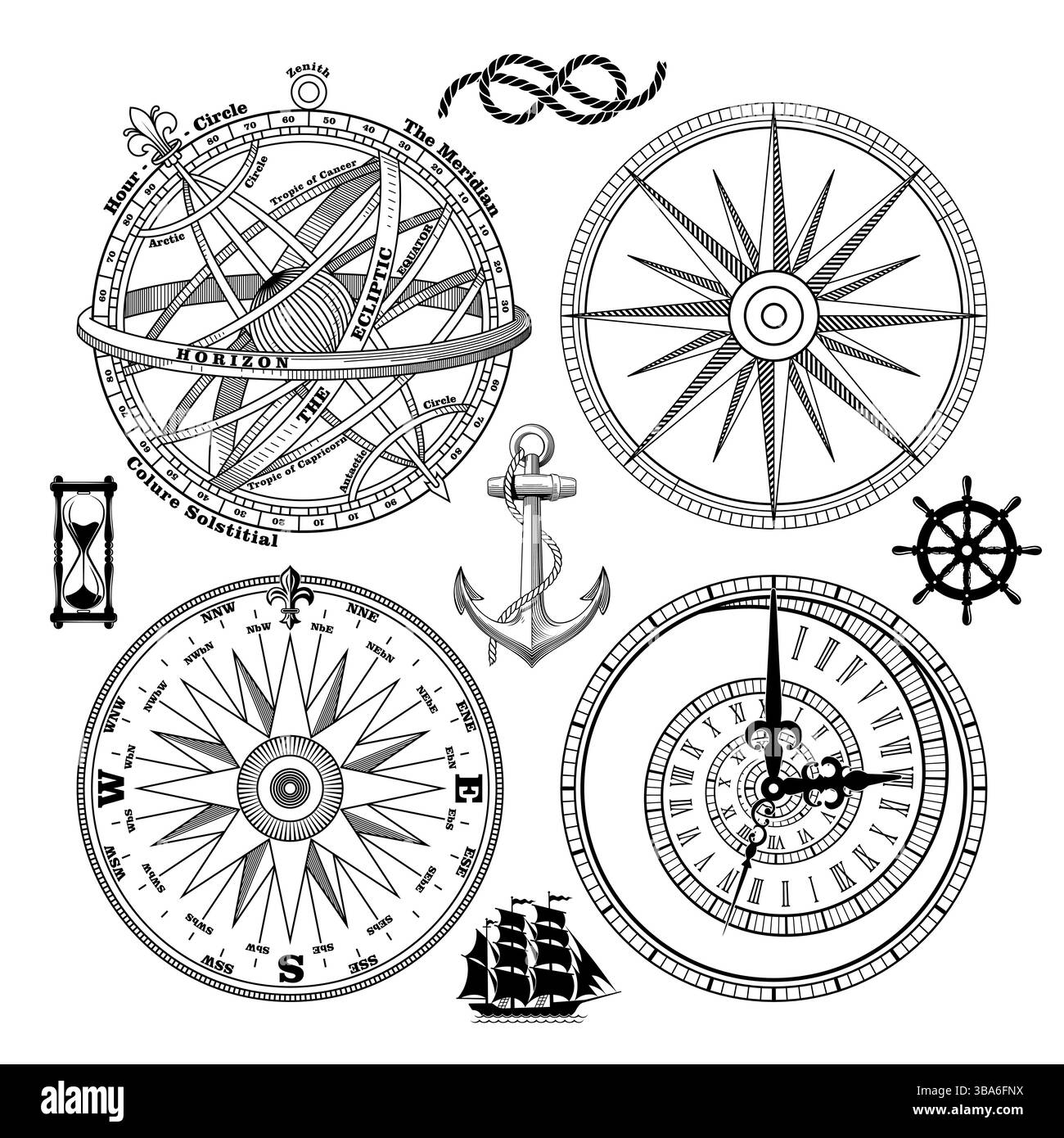 Conception de vecteur maritime de navigation. Design nautique. Illustration marine. Voilier, ancre, volant, compas marin vintage et sphère Armillary Illustration de Vecteur