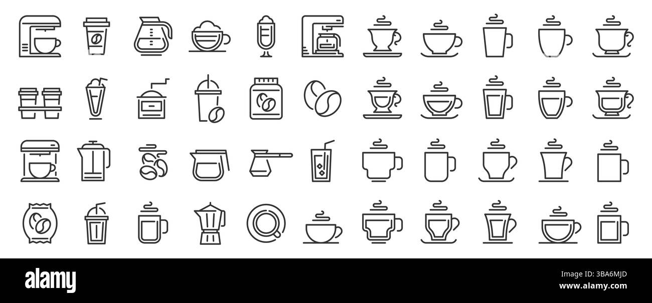 Ensemble icône de café avec tasses de style ligne, tasses et machines, outils de préparation, grains et tasses à emporter. Cafés. Design de contour minimal pour la marque Illustration de Vecteur