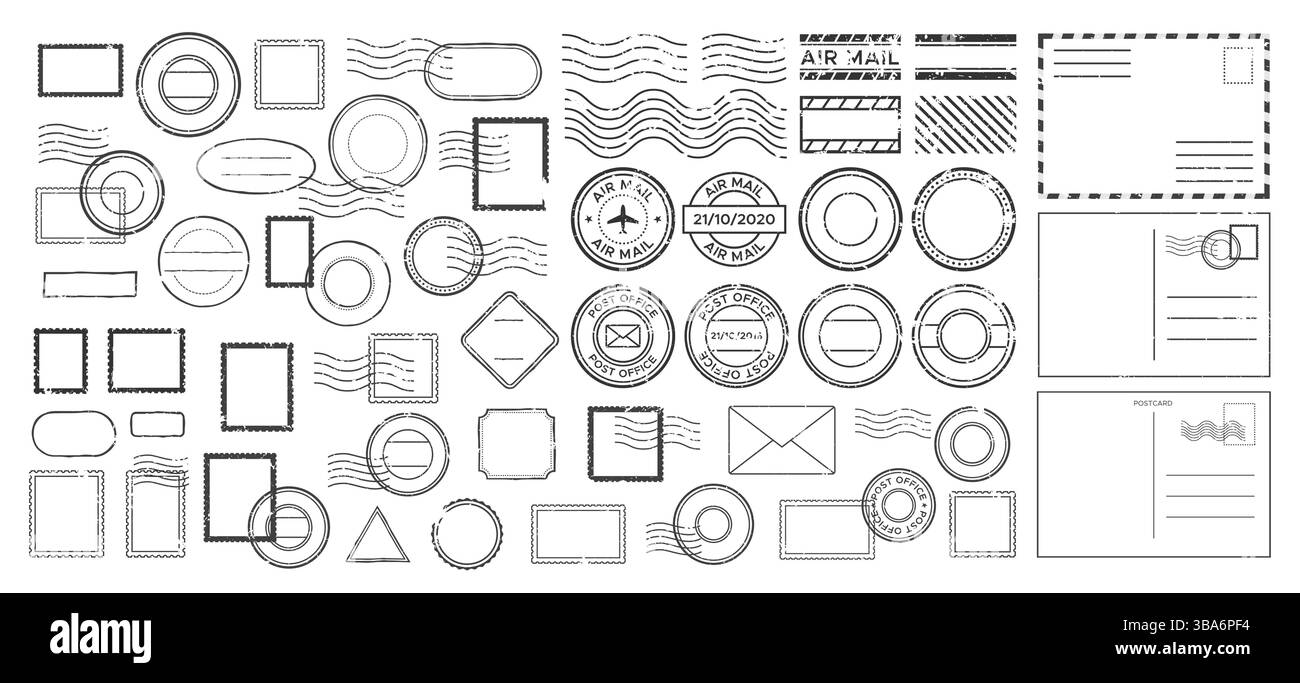 Timbres postaux rétro, timbres, enveloppes et signes de poste aérienne, contours de carte postale. Vintage thème postal, badges de bureau de poste texturé encre grunge. Collecte pour Illustration de Vecteur