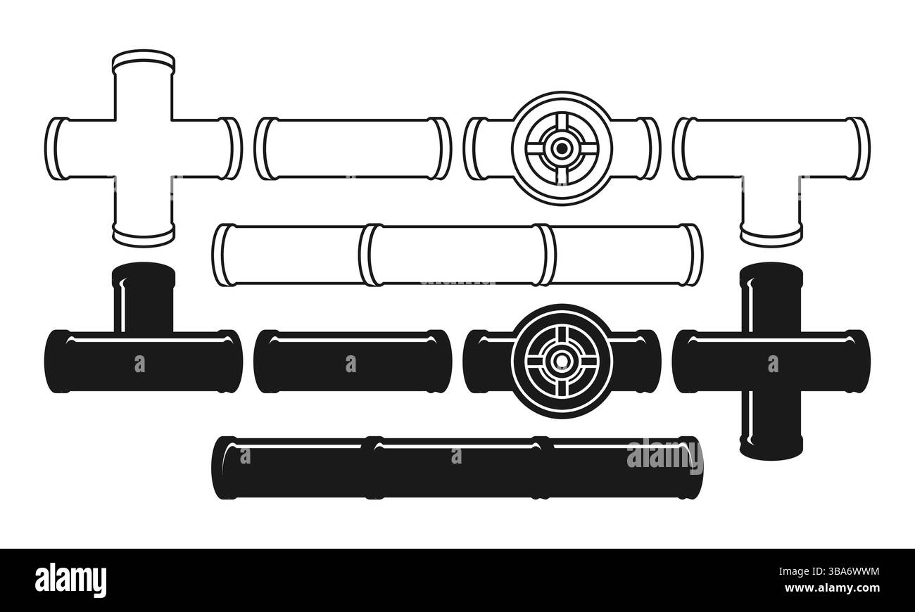 Tuyau de construction plat noir et style contour. Conduite d'huile, d'eau ou de gaz. Tuyau industriel. Illustration de Vecteur