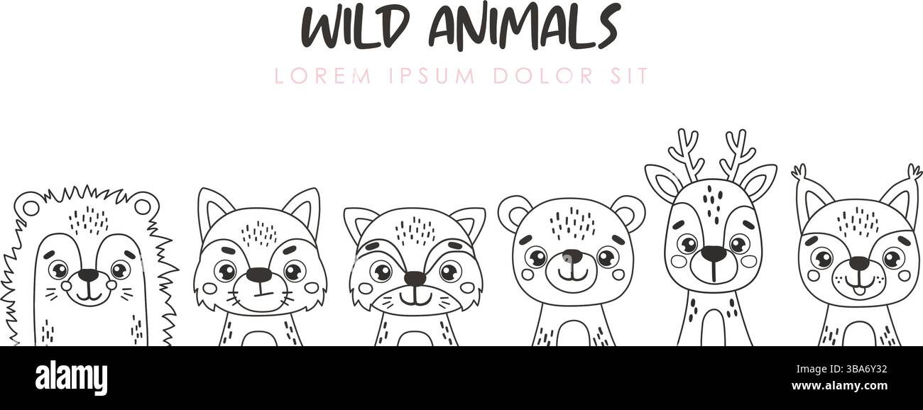 Animaux de ligne sauvage ensemble isolé, mignon animaux de la forêt coloration, dessin animé vectoriel d'enfants, contour, bannière Illustration de Vecteur