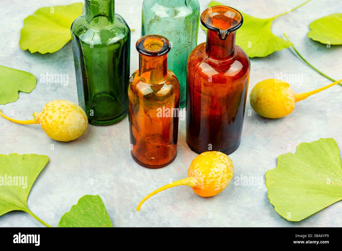 Pot en verre avec extrait du ginkgo avec des feuilles et des noix jaunes. Banque D'Images