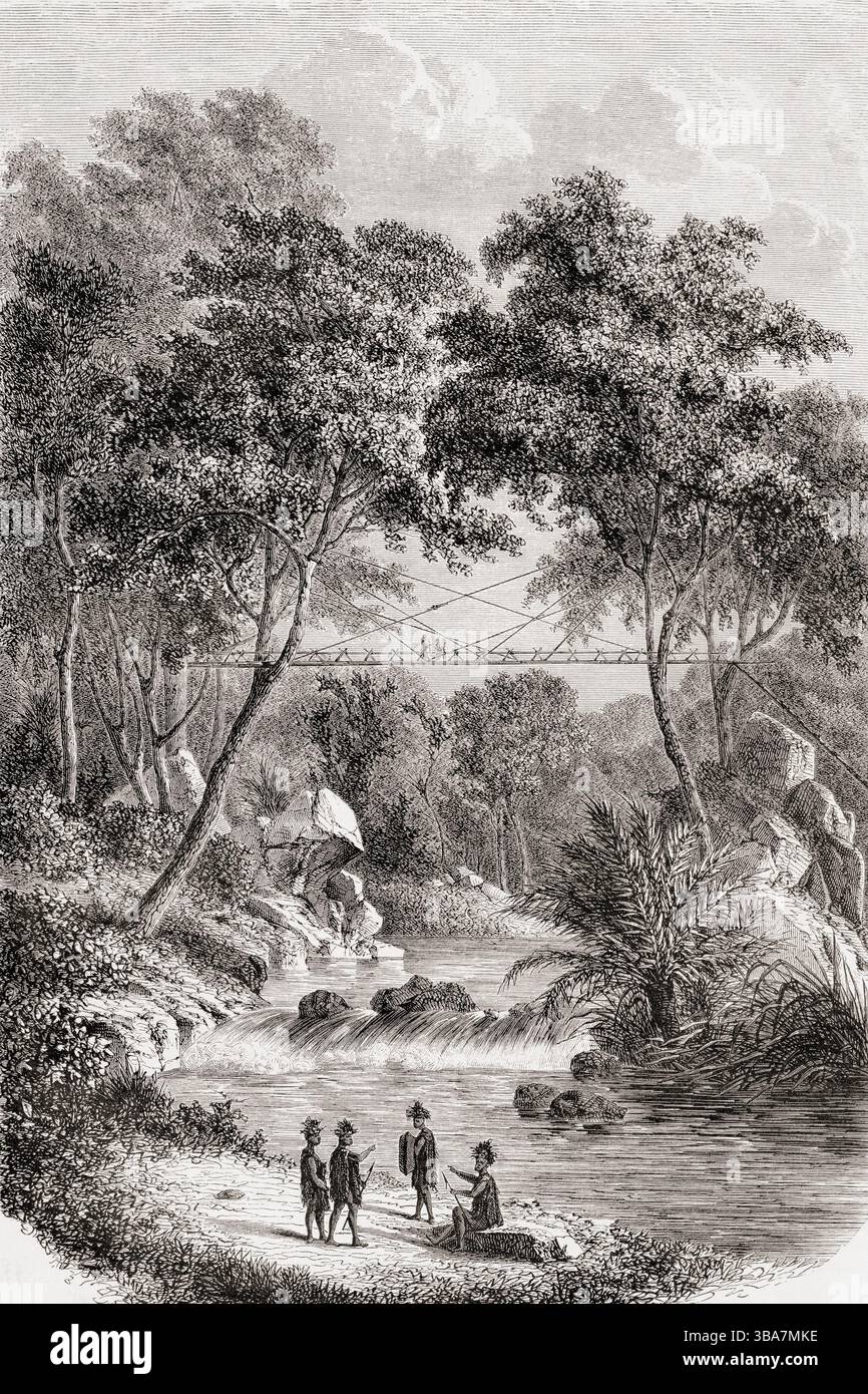 Paysage et pont de bambou parmi les Dayaks occidentaux, Bornéo, 19ème siècle. De voyages sur l'île de Bornéo, 1847 - 1852. Voyage le long des rivières Lupar et Kapuas à Bornéo occidental, par Ida Laura Pfeiffer, 1852. En vedette dans le Tour du monde, publié en 1862. Banque D'Images